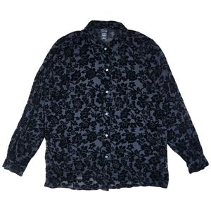 NY Co Burnout Velvet Shirt Womens XL Black Floral Button Up Sheer Whimsigoth Top